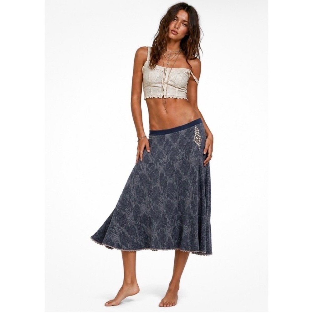 Free People Blue Paisley Lace Midi Skirt Shimmer Tiered Boho Medium